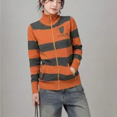 Áo khoác len cardigan nữ kiểu sọc ngang cổ trụ phối dây kéo vàng