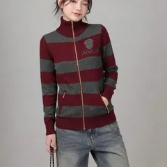 Áo khoác len cardigan nữ kiểu sọc ngang cổ trụ phối dây kéo vàng