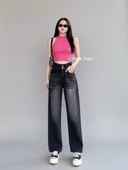 Quần jean nữ dáng dài ống rộng mẫu trơn wash màu đen xám lưng cao 2 nút HQ080