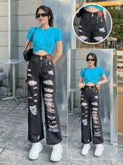 Quần baggy jean nữ dáng dài ống rộng mẫu rách nhiều đường lưng cao màu xám
