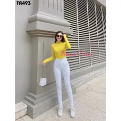 Quần Jean Dài Nữ Màu Trắng Dáng Ôm Hàng Co Giãn Mạnh Lưng Cao