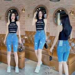 Quần Jean Lửng Gối Nữ Co Giãn Lưng Cao Rách Kiểu Mã 852