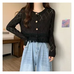 Áo khoác len cardigan nữ dáng ngắn 4 nút phối tua rua