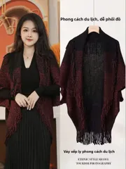 Áo choàng tua rua nữ sọc Bohemian, Áo khoác quàng cổ phong cách dân tộc sang trọng dành cho nữ