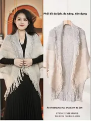 Áo choàng tua rua nữ sọc Bohemian, Áo khoác quàng cổ phong cách dân tộc sang trọng dành cho nữ