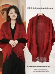Áo choàng tua rua nữ sọc Bohemian, Áo khoác quàng cổ phong cách dân tộc sang trọng dành cho nữ