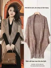 Áo choàng tua rua nữ sọc Bohemian, Áo khoác quàng cổ phong cách dân tộc sang trọng dành cho nữ
