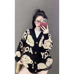 Áo khoác len cardigan nữ tay dài hình gấu nhiều màu hàng QC len dày đẹp