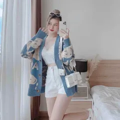 Áo khoác len cardigan nữ tay dài hình gấu nhiều màu hàng QC len dày đẹp