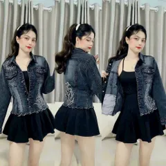 Áo khoác jean nữ thêu hoa lai gợn sóng hàng jean co giãn màu xám