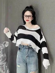 Áo len lưới khoác ngoài tay dài form rộng dáng lửng lai rách