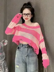 Áo len lưới khoác ngoài tay dài form rộng dáng lửng lai rách