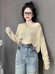 Áo len lưới khoác ngoài tay dài form rộng dáng lửng lai rách