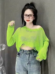 Áo len lưới khoác ngoài tay dài form rộng dáng lửng lai rách