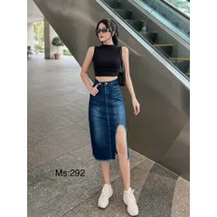 Chân váy jean nữ mẫu trơn xẻ đùi tua lai 292