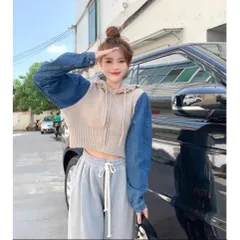 Áo khoác len cardigan nữ tay dài phối jean có nón hàng nhập QC