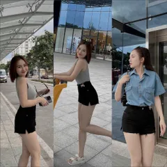Quần Sọt Jean Nữ Mẫu Rách Tua Lai Lưng Đính Tag Chéo Hàng Jean Cotton
