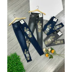[Size 27-35] Quần jean dài nữ thêu hoa bướm lưng cao 2 nút hàng co giãn mạnh