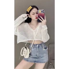 Áo khoác len lưới nữ kiểu croptop tay dài