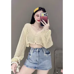 Áo khoác len lưới nữ kiểu croptop tay dài