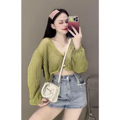 Áo khoác len lưới nữ kiểu croptop tay dài