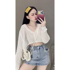 Áo khoác len lưới nữ kiểu croptop tay dài