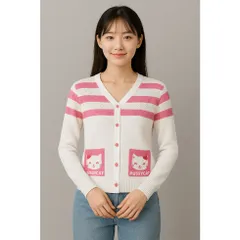 Áo khoác len cardigan nữ có túi phối sọc hồng