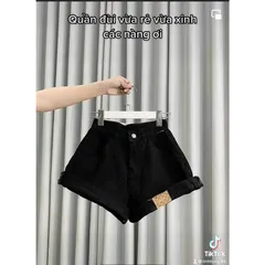 Quần Sọt Jean Nữ Mẫu Trơn Lật Lai Đính Logo Siêu Cute