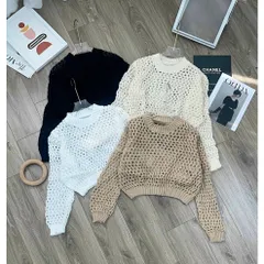 Áo khoác len lưới nữ dáng ngắn tay dài