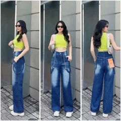 Quần baggy jean nữ dáng dài mẫu wash rách ống suông size đại
