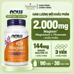 NOW Foods Magtein Magnesium L-Threonate 2000mg – 144mg Magie, Hỗ Trợ Não Bộ & Nhận Thức, 90 Viên Nang Thực Vật