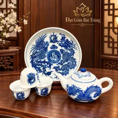 Bộ Ấm Chén Thờ Cúng Vẽ Rồng - Sen Lam Xanh Chuẩn Đẹp Cao Cấp - Gốm Bát Tràng