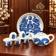 Bộ Ấm Chén Thờ Cúng Vẽ Rồng - Sen Lam Xanh Chuẩn Đẹp Cao Cấp - Gốm Bát Tràng