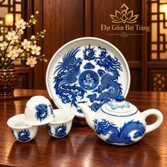 Bộ Ấm Chén Thờ Cúng Vẽ Rồng - Sen Lam Xanh Chuẩn Đẹp Cao Cấp - Gốm Bát Tràng