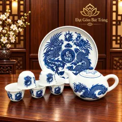 Bộ Ấm Chén Thờ Cúng Vẽ Rồng - Sen Lam Xanh Chuẩn Đẹp Cao Cấp - Gốm Bát Tràng
