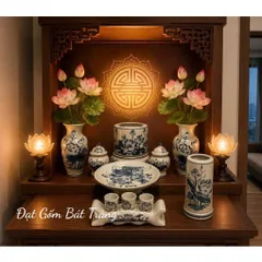 Bộ thờ cúng men rạn vẽ hoa sen - Đồ thờ cúng, chóe, kỷ , lọ hoa , bát hương , mâm bồng gốm bát tràng