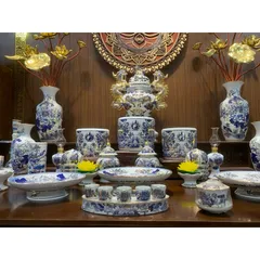 Đồ Thờ Cúng - Bộ Thờ Men Trắng Vẽ Vàng Hoa Sen Lam Gốm Sứ Bát Tràng
