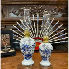 Đồ Thờ Cúng - Bộ Thờ Men Trắng Vẽ Vàng Hoa Sen Lam Gốm Sứ Bát Tràng