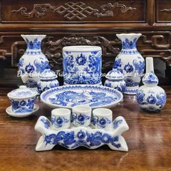 ĐỒ THỜ CÚNG - Bộ thờ cúng men trắng cao cấp gốm sứ Bát Tràng, bát hương,chóe, kỷ, lọ hoa thờ