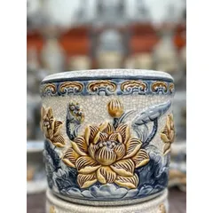 Bát hương men rạn đắp nổi hoạ tiết hoa sen - bát cắm hương lư hương gốm sứ Bát Tràng