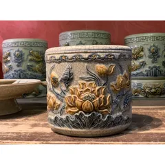Bát hương men rạn đắp nổi hoạ tiết hoa sen - bát cắm hương lư hương gốm sứ Bát Tràng
