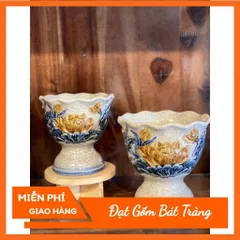 Đồ thờ cúng phong thủy - ly cốc đựng phật thủ men rạn đắp nổi gốm sứ Bát Tràng