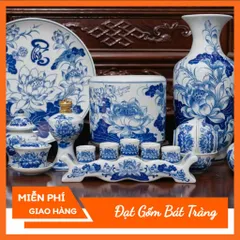 Bộ Thờ Cúng Cao Cấp Men Trắng Vẽ Hoa Sen Gốm Sứ Bát Tràng