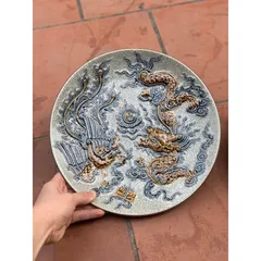 Mâm bồng men rạn nổi đắp họa tiết rồng - sen đồ thờ cúng Bát Tràng