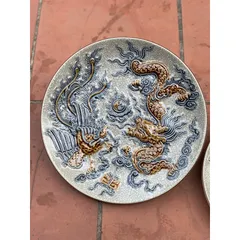 Mâm bồng men rạn nổi đắp họa tiết rồng - sen đồ thờ cúng Bát Tràng