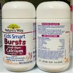 Viên nhai Calci tảo biển đỏ Nature's Way Kids Smart Bursts Liquid Algae Calcium with Magnesium + Zinc |30 viên| dành cho trẻ từ 6 tháng - 11 tuổi