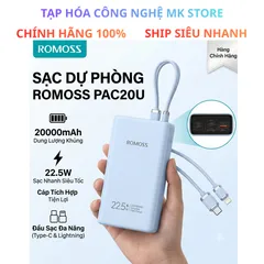 Pin sạc dự phòng 20000mah hãng Romoss kèm cáp tiện lợi, Dung lượng chuẩn, Tiêu chuẩn CCC mang trên máy bay