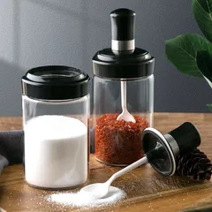 Sét 5 Hũ Thuỷ Tinh cao cấp đựng gia vị nhà bếp kèm MUỖNG 250ml