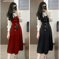 XẢ HÀNG-Váy công sở nữ cổ phối màu dài tay đính khuy xịn