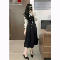 XẢ HÀNG-Váy công sở nữ cổ phối màu dài tay đính khuy xịn
